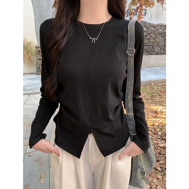 Autumn new split hem long-sleeved T-shirt women's slim inner bottoming shirt black top