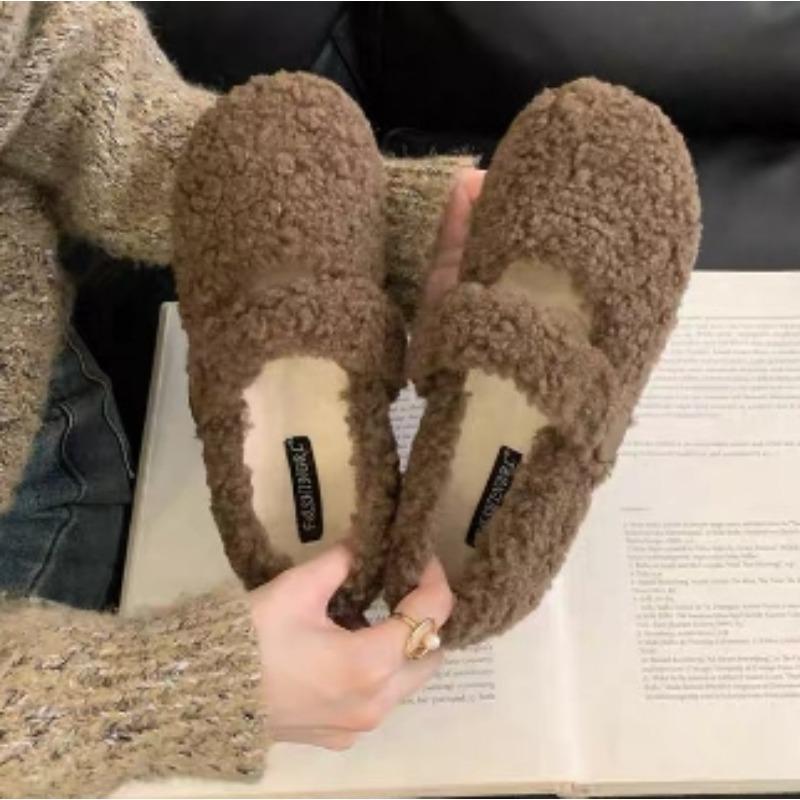 Nouveau Style Chaussures Plates Mary Jane Blanches Françaises pour Femmes Automne et Hiver Chaussures en Coton Chaud à Semelle Plate et Pompon