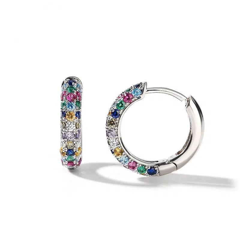 Silver Rainbow Multicolor CZ Huggie Hoop Earrings Micro Pave Colorful Crystal Small Hoop Earrings Women Statement Jewelry