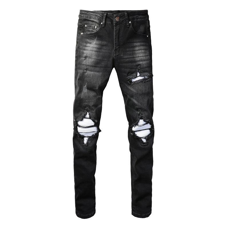 Trendy High-street Men’s Slim-fit Ripped Jeans with Silver Patches – Men’s Trousers, Skinny Fit