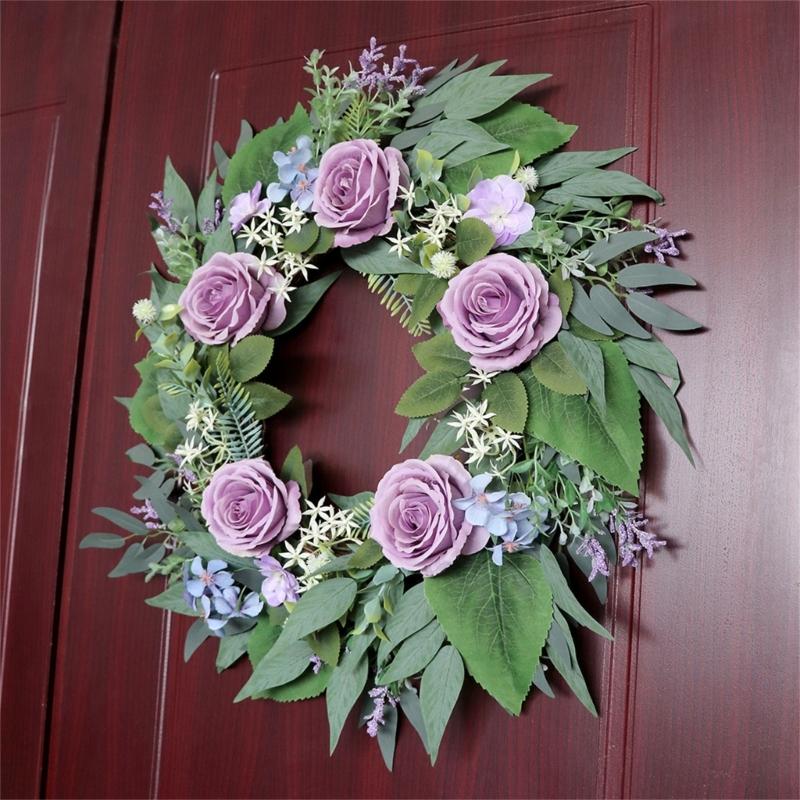 Artificial Flower with Leaf Realistic Purpler Rose Wreath Decoration for Door Window Hallway Farmhouses Wedding Wreath