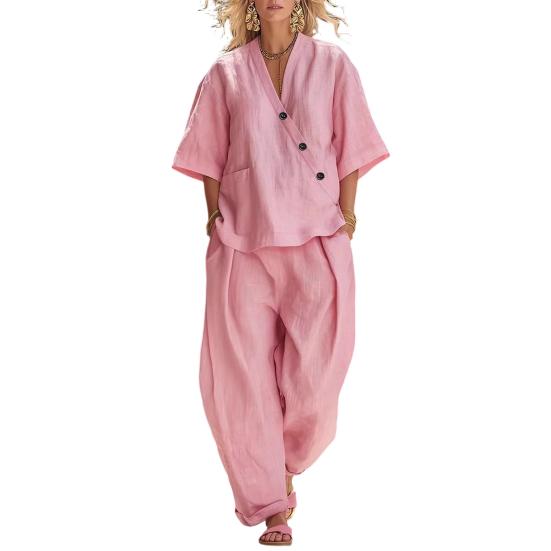 

Women 2 Piece Outfits Casual Button Short Sleeve V Neck Top And Long Pants Lounge Set with Pockets Summer Loose Matching XL