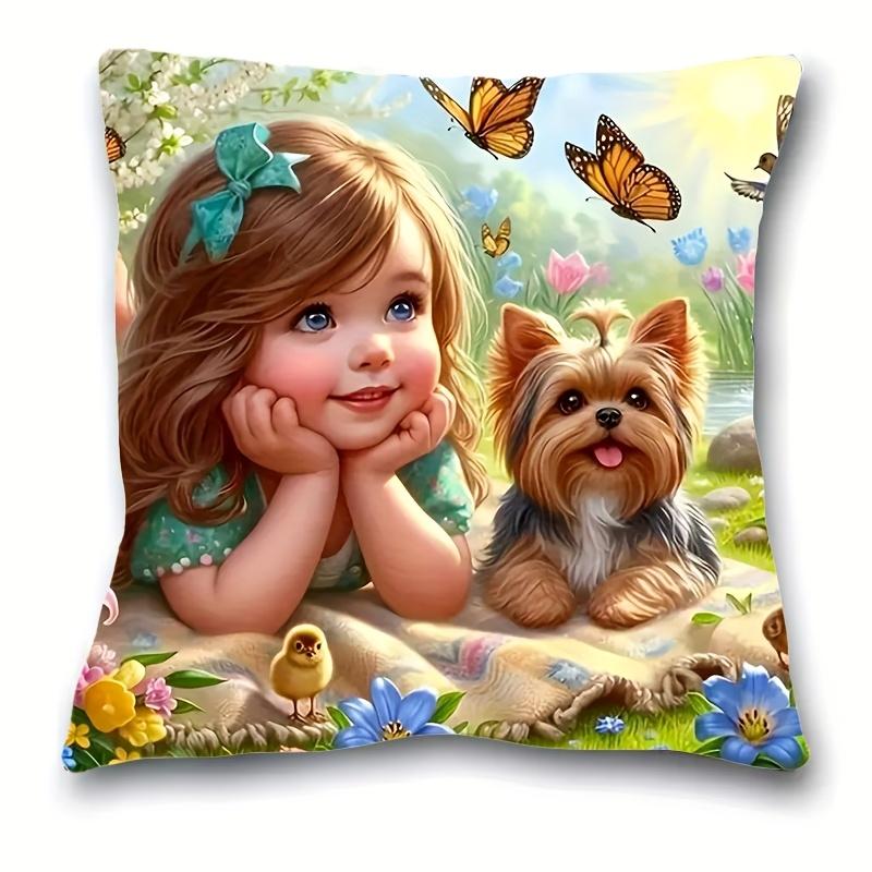 1pc French Country Style Pillowcase, Pattern of Girls, Puppies, Flowers, And Butterflies, 2D Flat Printing, Single-Sided Printing (No Pillow Core), 17