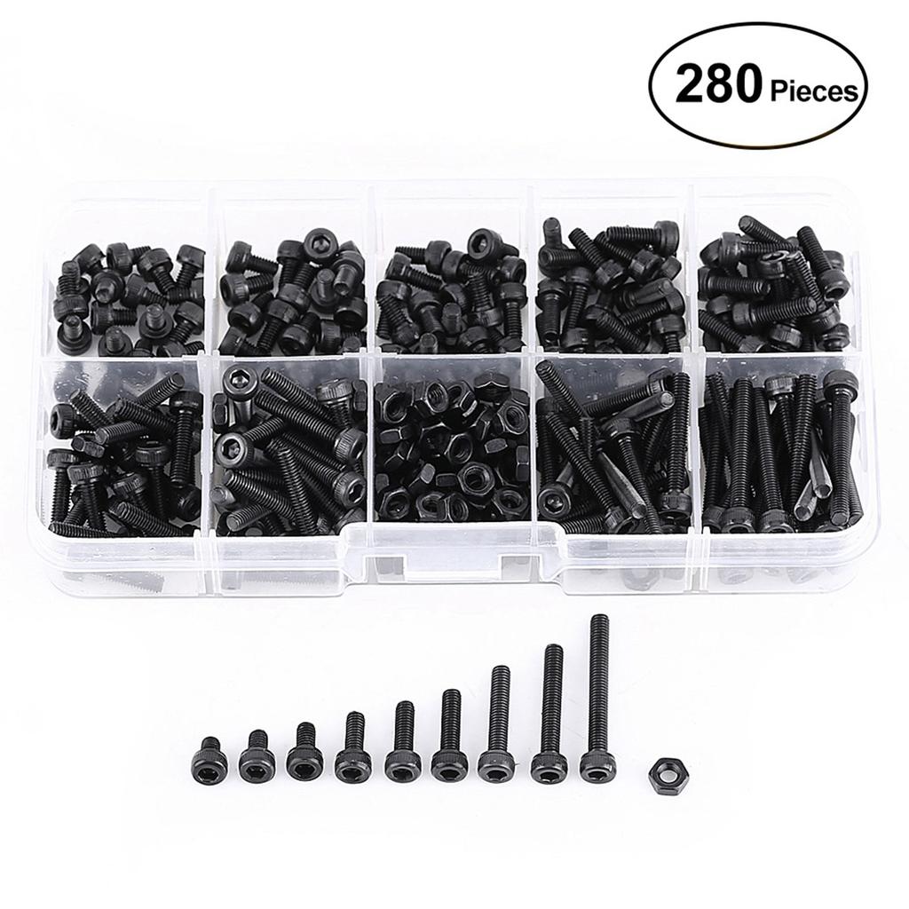 280Pcs/Box M3 Cap Head Hex Socket Bolt Screw Nut Machine Fastener Assortment Set For Machinery Furniture