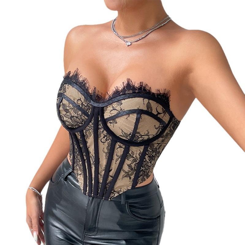 Sexy rückenfreies Korsett-Bandeau-Top mit Spitzenbesatz und Hakenverschluss