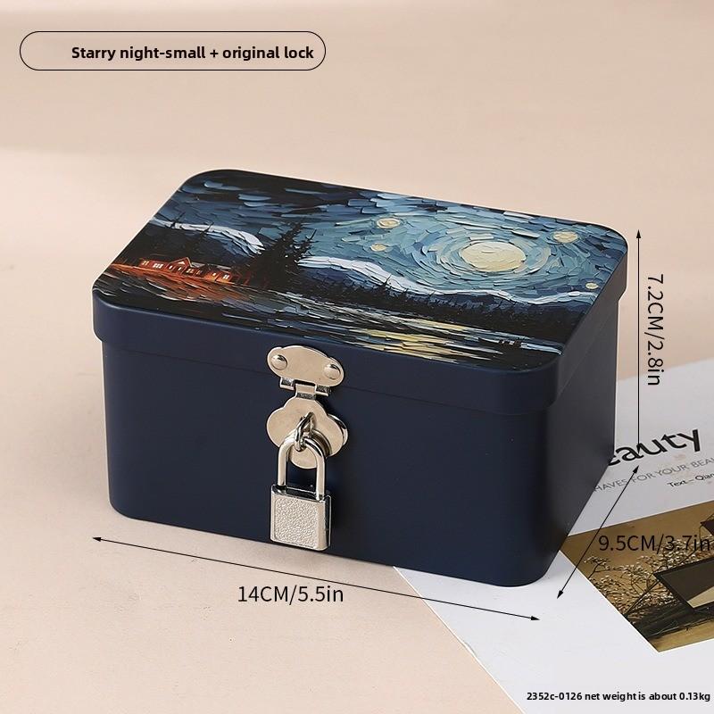 Retro Tinplate Box with Lock Key, Desktop Storage Box, Cosmetics, ID Storage, Household Jewelry Empty Box.