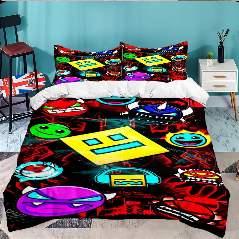 Set Biancheria da Letto 3 Pezzi Personaggi Colorati Geometry Dash, Ideale per 1 Copripiumino e 2 Federe Perfetto per Regalo Fan, Ideale per Camera da Letto, Dormitorio