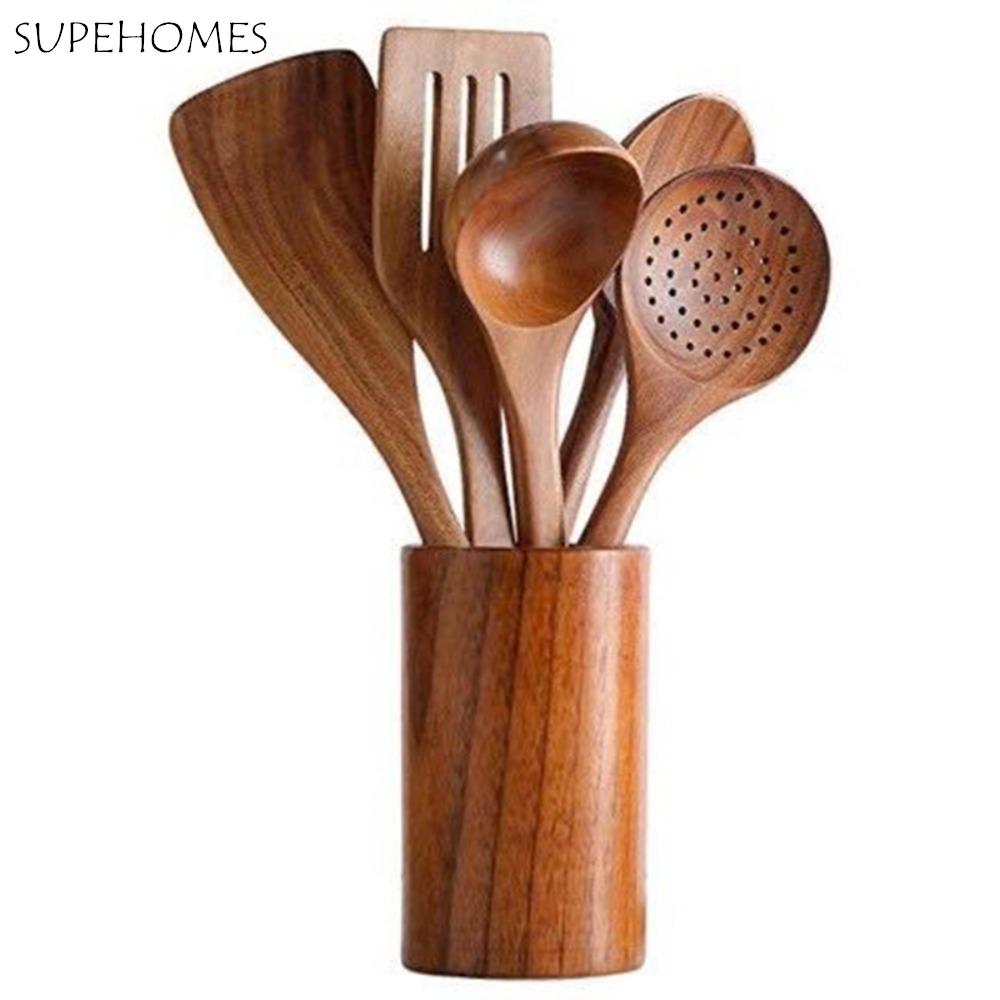 4-8pcs Wooden Cooking Spoon with Storage Bucket Natural Material Kitchen Utensils Set Durable Unbreakable Kitchen Shovel Set
