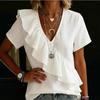 Damen Mode Kurzarm Top Einfarbige V-Ausschnitt Rüschen Europäischer Amerikanischer Stil Strandurlaub Bluse