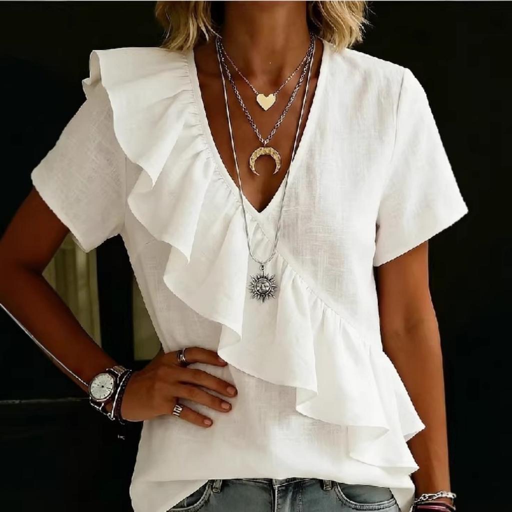 Damen Mode Kurzarm Top Einfarbige V-Ausschnitt Rüschen Europäischer Amerikanischer Stil Strandurlaub Bluse
