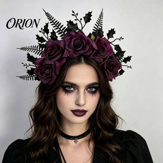 Gothic Hair Accessories for Women Halloween Rose Headband, Flower Leaf Crown Hoops Bands, Black Headband Headpiece Hairband Cosplay Party Dress