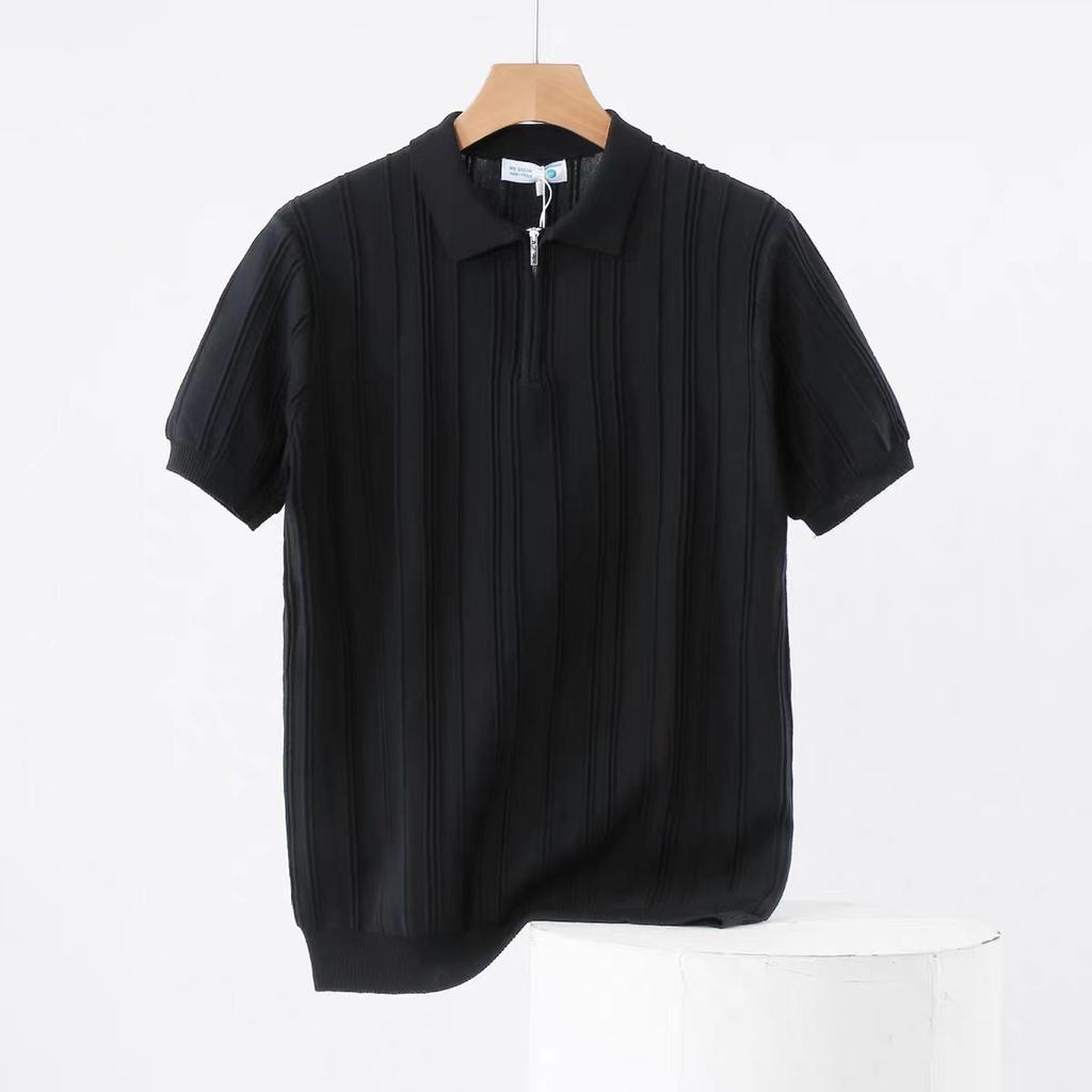 Half-Zip Knitted Short Sleeve Men's Thin Sweater T-Shirt 2025 Summer New Ice Silk Turn-Down Collar Half Sleeve
