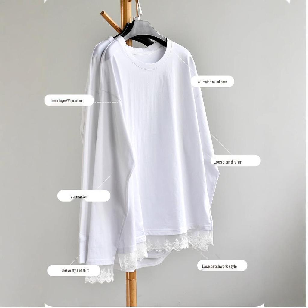 Lace Spliced Plus Size Pure Cotton Long Sleeve T-Shirt - Mid-Length Early Autumn Women's Top