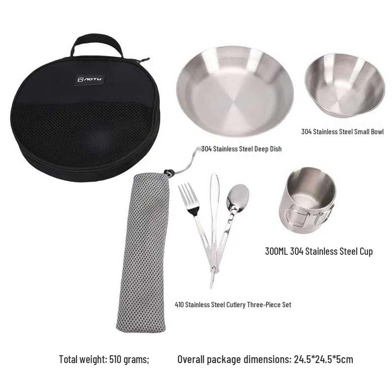 Portable Stainless Steel Camping Tableware Set: Includes Bowls, Plates, Spoons, Forks, Knives for Outdoor Picnics