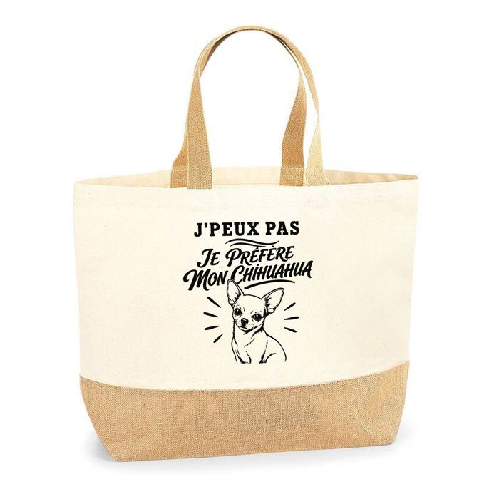 Sac J’peux pas je préfère mon Chihuahua J'peux pas minimaliste | Cabas en Coton avec Fond Jute 18 L 48 × 37 × 13 cm | Marché
