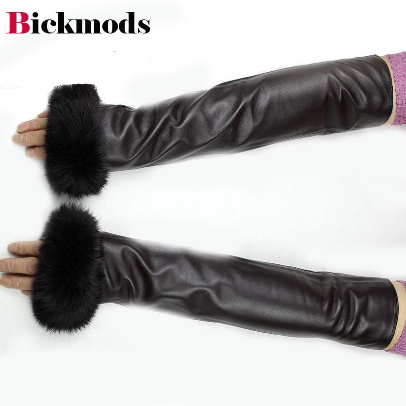 40CM Long Leather Sleeves Women's Rabbit Fur Cuffs Velvet Lining Warm and Fashionable Sheepskin Fingerless Gloves