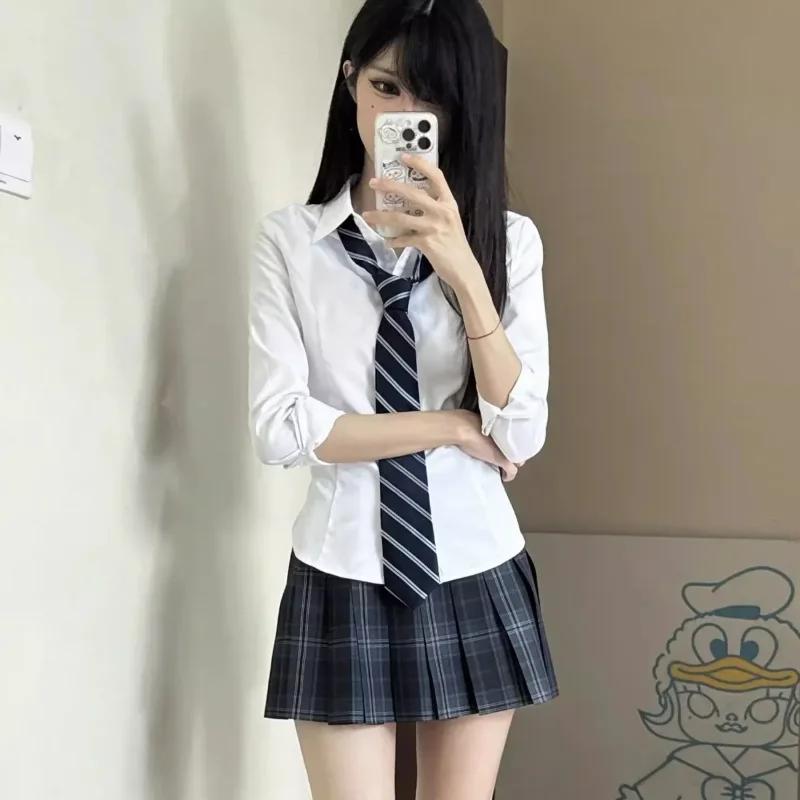 Outono 2025 Estilo Colegial Uniforme Jk Slim Formal Top Camisa Branco Cintura Fechada Manga Comprida
