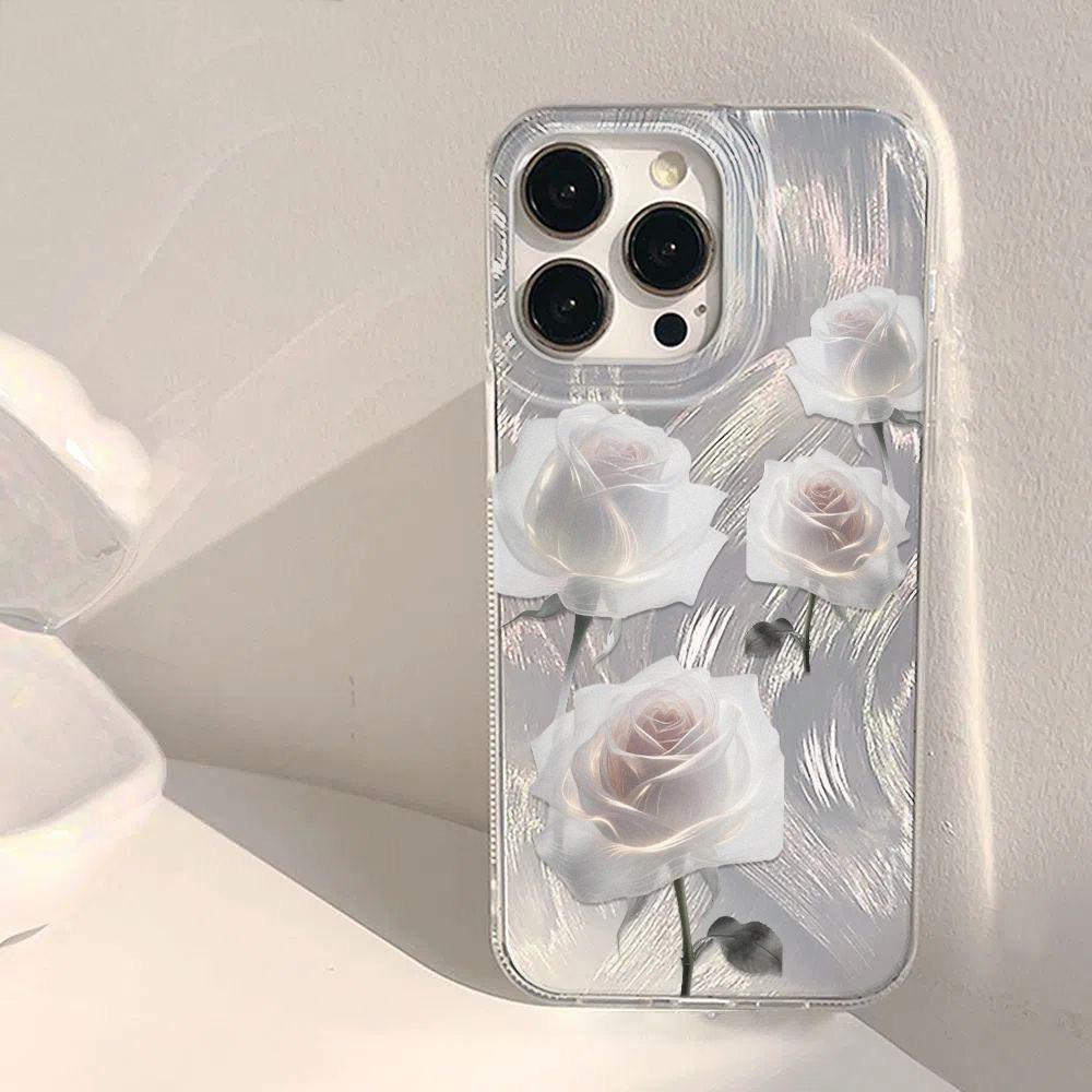 White Rose Phone Case For iPhone 16 11 13 15 Pro Max 14 Plus 12 14promax 13promax 16E X XR 7 8 Silicone Shine Covers