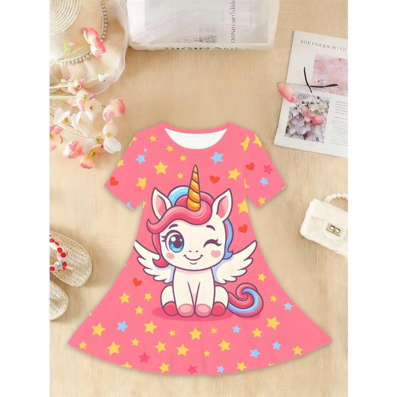 Girls  Short Sleeve -Line Dress with Cute Cat & Flower Print - Round Neck Casual 110