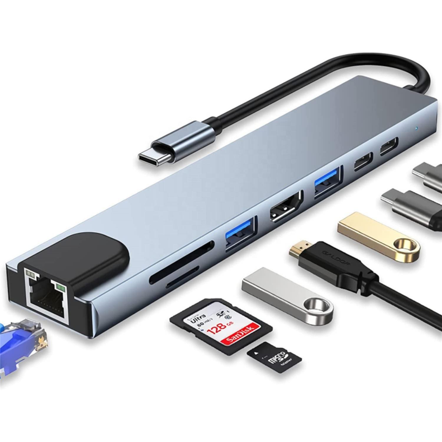 

8 in 1 USB C To RJ45 Ethernet Multiports Hub with 4K HDMI,TF / SD Card Reader, USB-C, PD Charging, 2 USB-A for MacBook and More серый