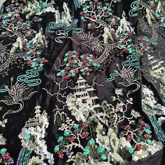 Korean Velvet Embroidered Fabric Sequin Fabric Beaded Embroidered Fabric Embroidered Cloth чёрный