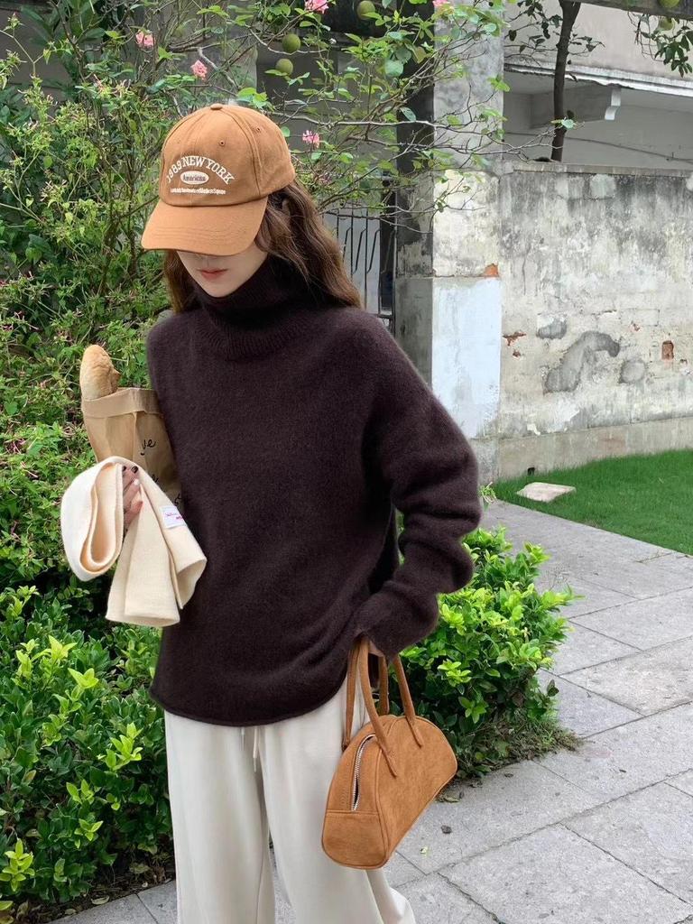 Dámský luxusní svetr z čisté vlny s vysokým límcem v evropském stylu: Podzim/Zima Měkký, Zesílený, S rolovaným okrajem, Volný střih.