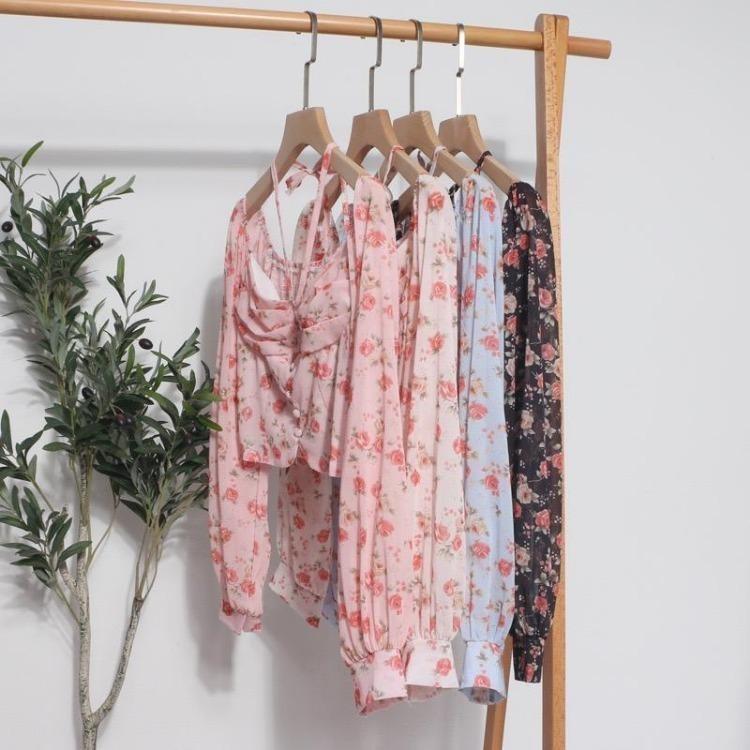 Spring Casual French Floral Blouse Women Elegant Vacation Bohemian Ruched Tops Slim Elastic Print Shirts