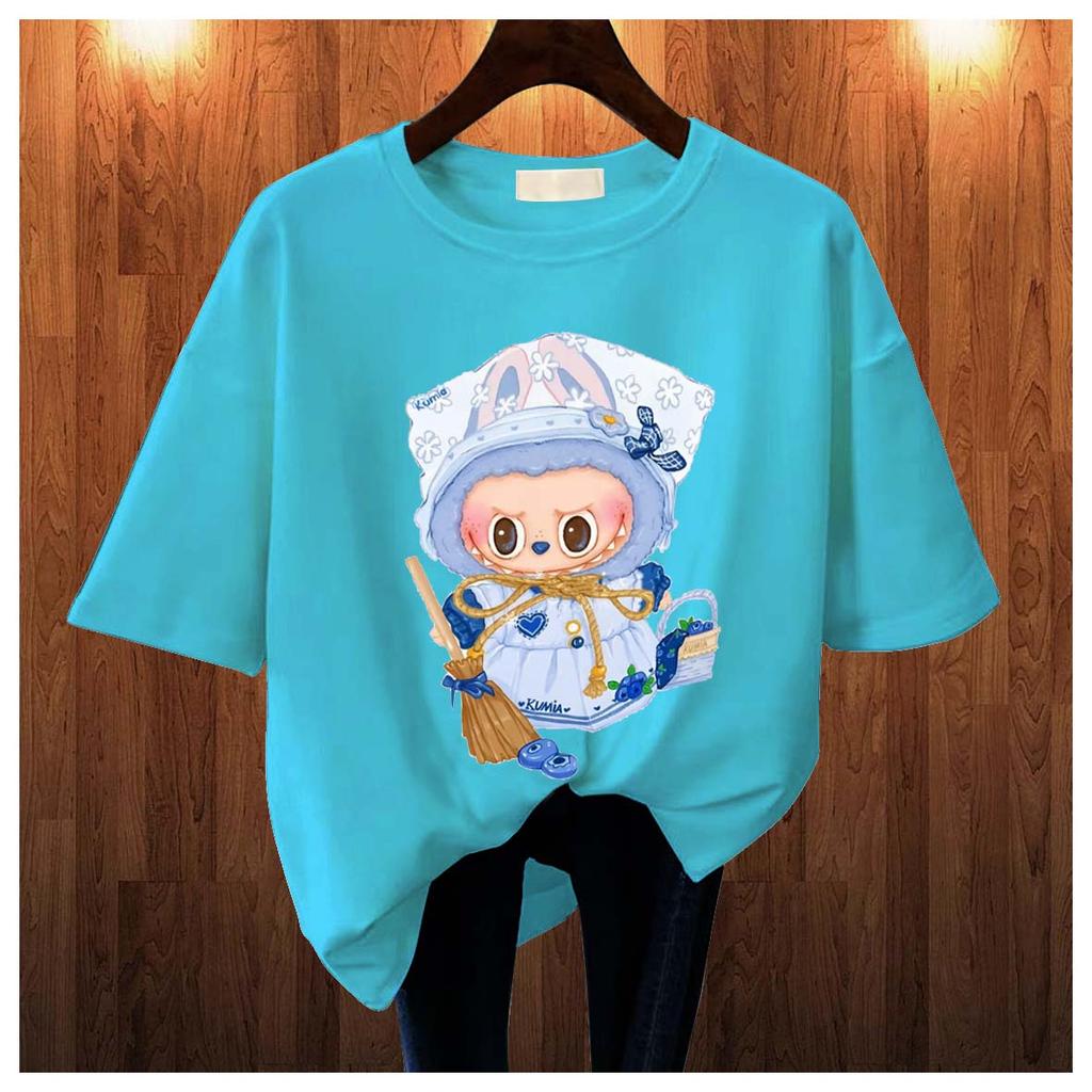New Labubu Children's T-shirt Maid Outfit LABUBU Pattern Round Neck Short Sleeved Casual Versatile Girl's Top
