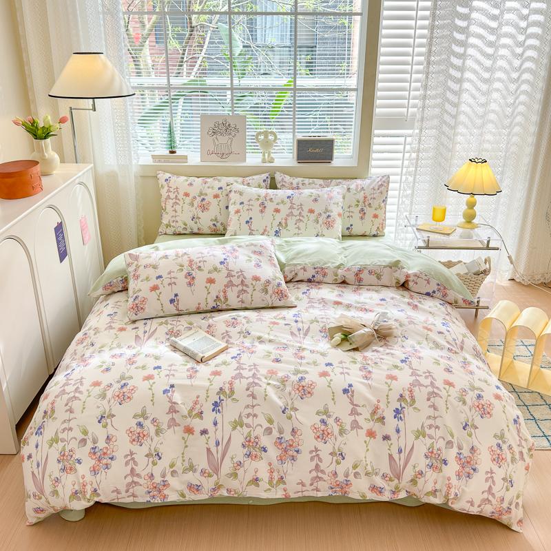 Garden Pink Flowers Pattern Duvet Cover Set 3Pcs Cute Rabbit Printed 100% Cotton Soft Comfortable Comforter Cover Bedding Set