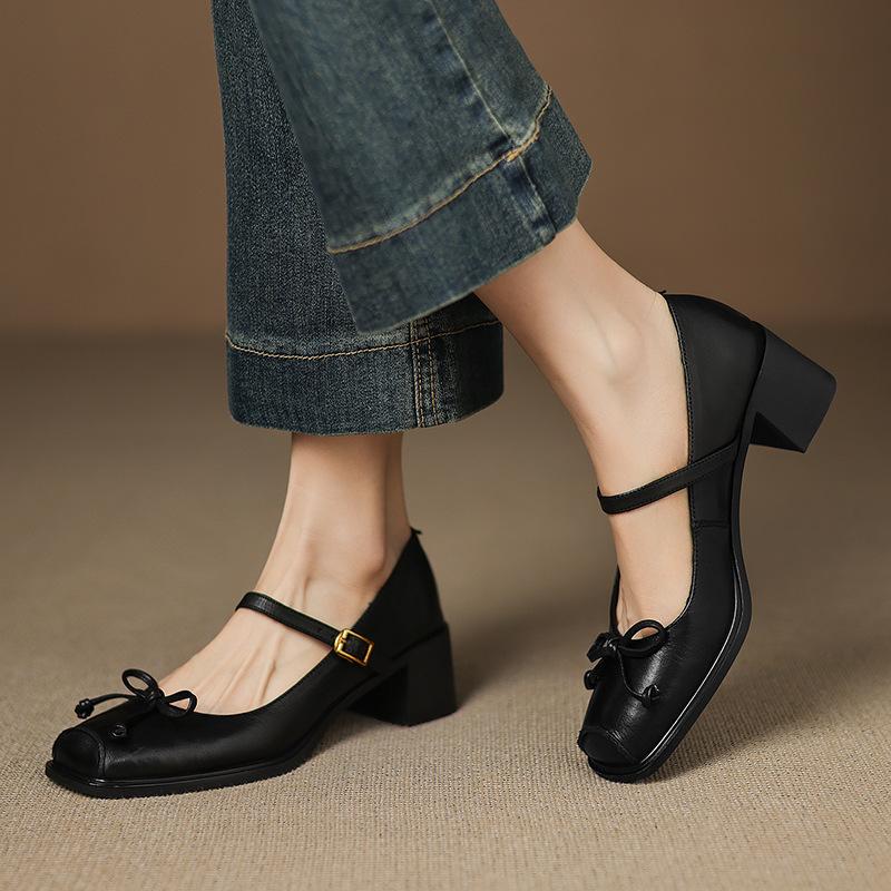 Fashion Butterfly-knot Elegant Shallow Mouth Women Pumps 2025 Mary Jane Fashion Square Toe Metal Buckle Thick Heel Dress Ladies Footwear