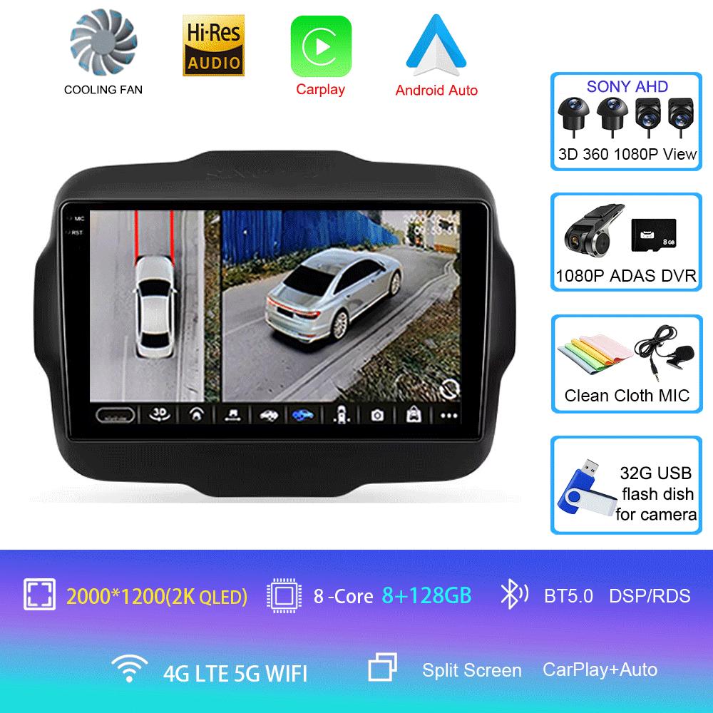 Car Radio Android 14 Multimedia Player For Jeep Renegade 2016-2020 Carplay Android Auto Stereo 4G Wifi 360 camera head unit DVD