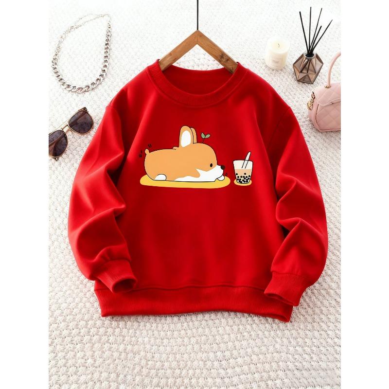 Girls Round Neck Sweatshirt with Corgi and Bubble Tea Print, Essential for Back-to-School Season, Suitable for Parties 110