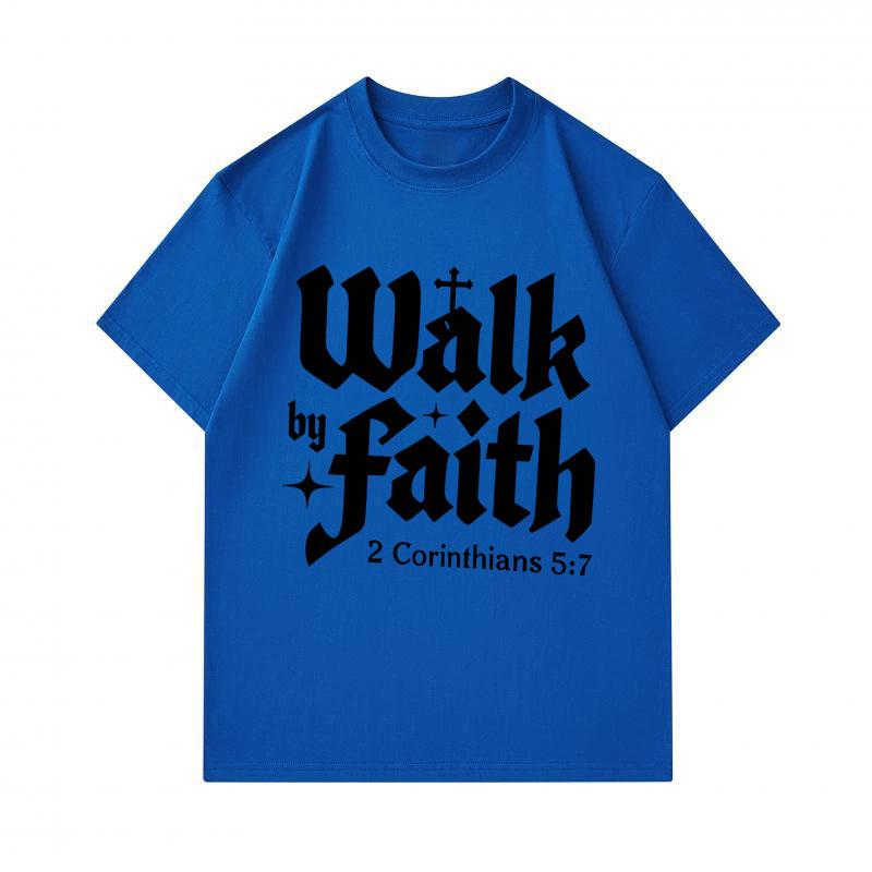 Men's 100% Cotton Crew Neck Short Sleeve T-Shirt, Walk by Faith 2 Corinthians 5:7 Christian Religious Print Casual Soft Breathable Daily Top for Men