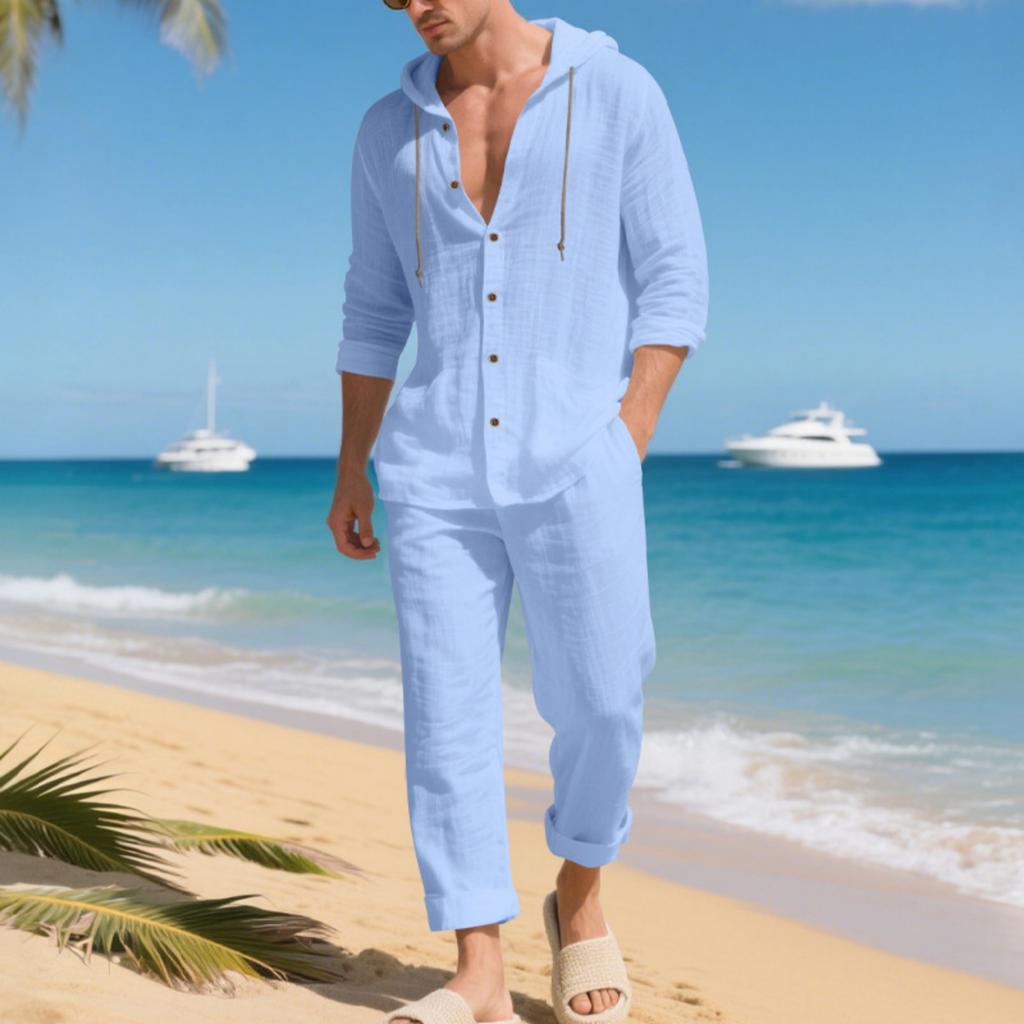 Men's 2,Piece Linen Hooded Shirt Set | Loose Fit Breathable Beach Casual Pants For Daily & Vacation Wear