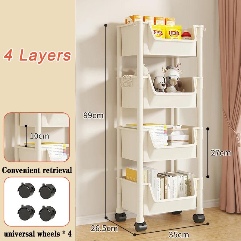 Trolley Bookshelf Living Room Movable Storage Rack Multilayer Bookshelf with Wheels Large Capacity Floor Type Kitchen Shelf