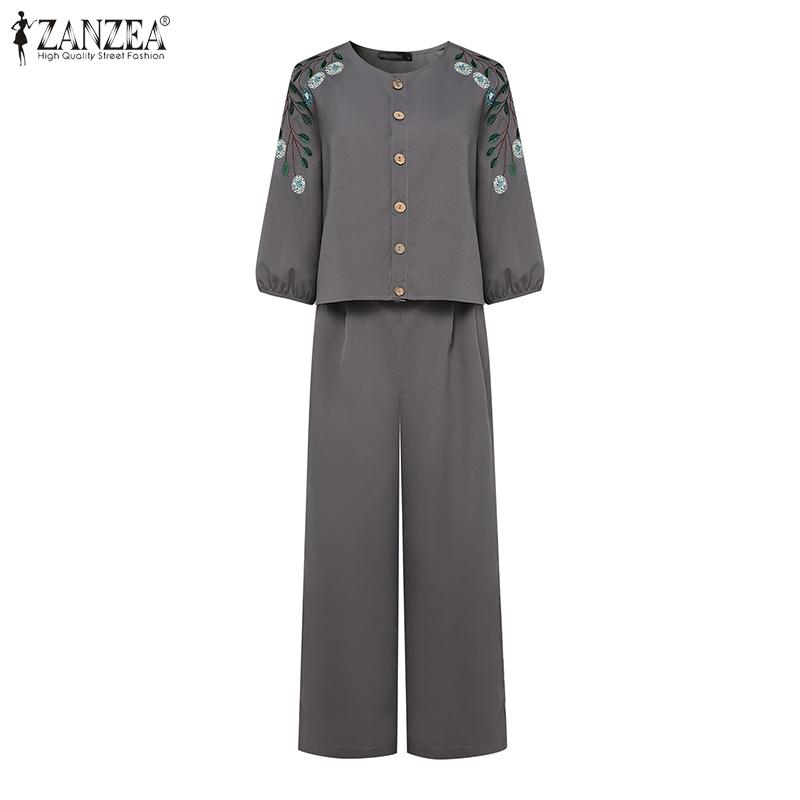 ZANZEA Women 3/4 Sleeve Print Blouse and Pants Casual Two Piece Suit Sets
