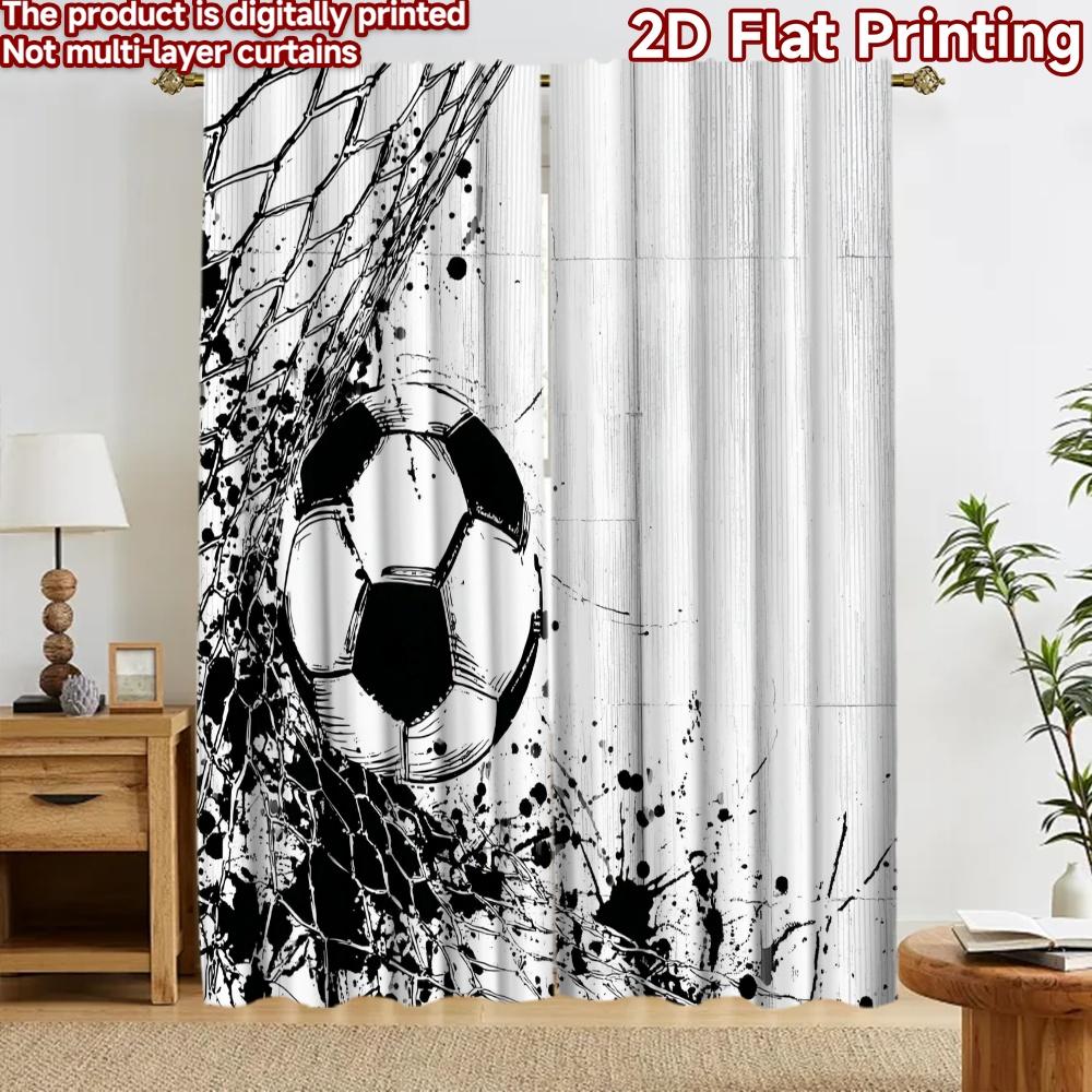 2D Flachdruck 2 Stück Vorhang Party Fenster Vorhänge Fußball im Netz Digital Bedruckte Polyester Vorhänge Festliche Vorhänge für