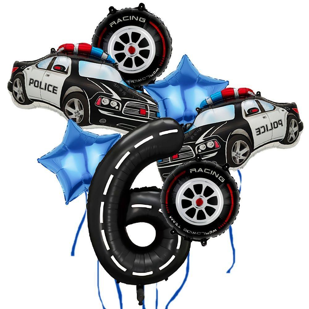 Police Car-themed Tire Digital Aluminum Film Balloon Set for Children's Birthday Party Racing Decoration
