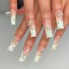 24pcs French Press On Nails with Rhinestone Gems and Pearlescent White Tips - Extra Long Coffin Ballet False Nails for Women and Girls Glossy and Glue