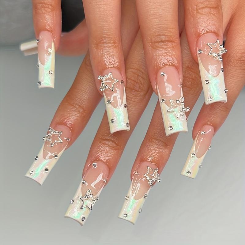 24pcs French Press On Nails with Rhinestone Gems and Pearlescent White Tips - Extra Long Coffin Ballet False Nails for Women and Girls Glossy and Glue