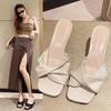 Women's Square Toe Plus Size Stiletto Heel Cross Strap Flip Flops - Medium Heel Fashion Slippers