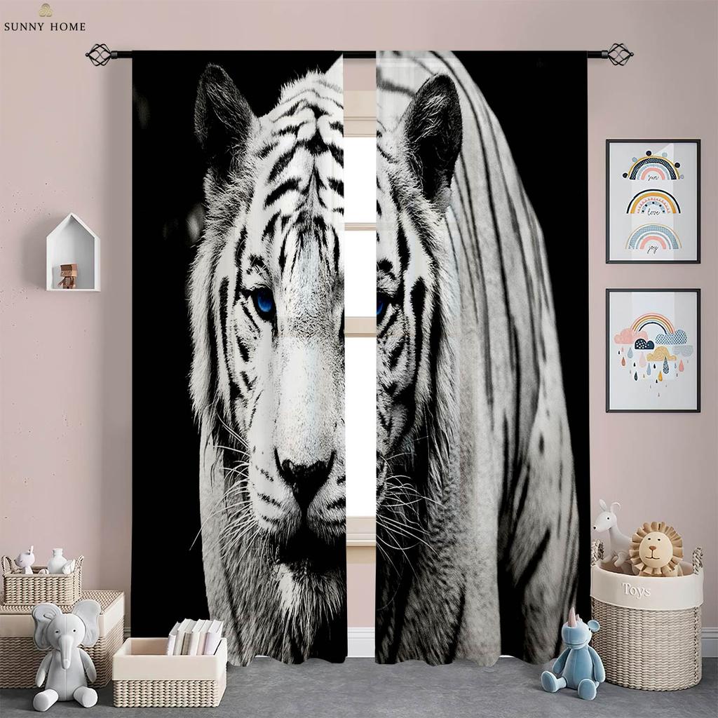 Cool Black And White Tiger 3D tištěné závěsy Kuchyně Obývací pokoj Ložnice Studovna Dekorativní tyčové kapesní závěsy 2 kusy