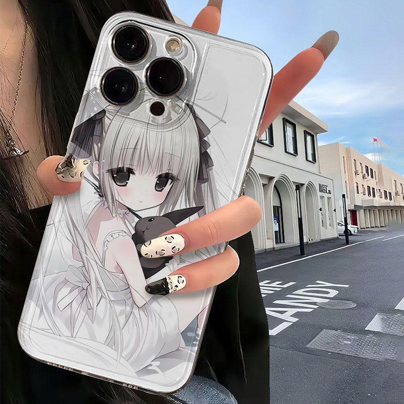 Kawaii Anime-Mädchen mit Hasen-Plüsch-Handyhülle für iPhone 17 16 15 14 13 12 11 16E Serie Pro Max Plus Doppelschichtiger Schutz
