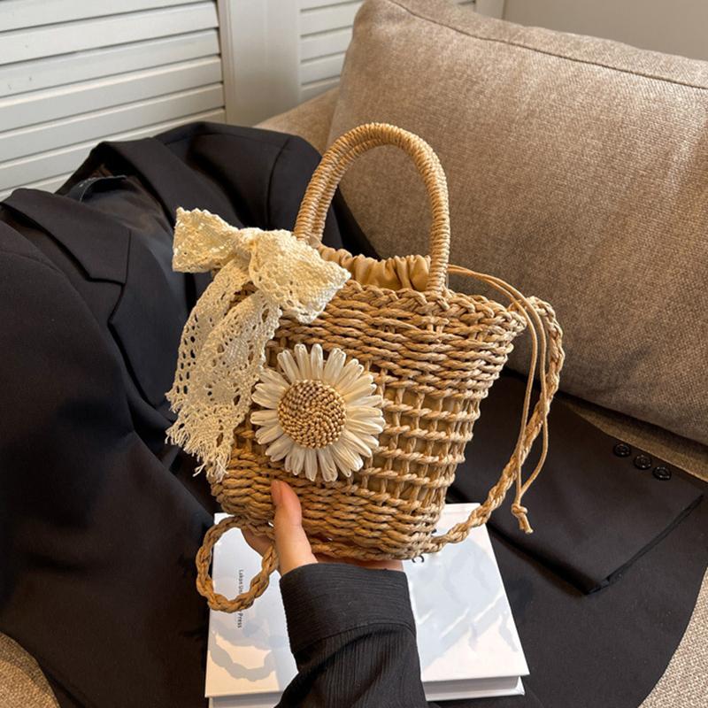 

Yogodlns Straw Handmade Summer Holiday Woven Women Floral Decor Small Shoulder Bag Bohemian Beach Travel Basket Crossbdoy Bags 18x8x15cm хакі