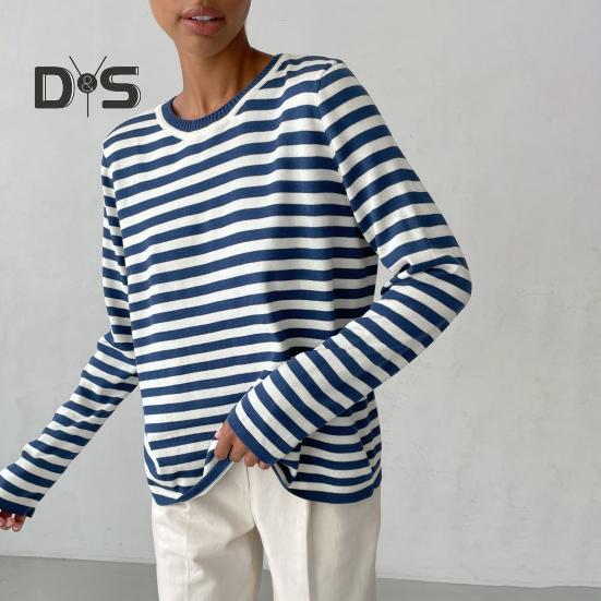 Dámské topy Kulatý výstřih Dlouhý rukáv Svetr s pruhovaným potiskem Volný střih Pružný Retro Pletené topy Denní nošení