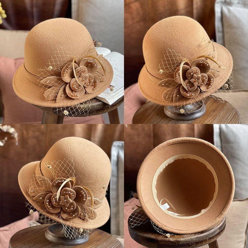 Autumn and Winter Felt Hat for Women, Round Top, Solid Color, Korean Style Fashion Flower Lady'S Hat