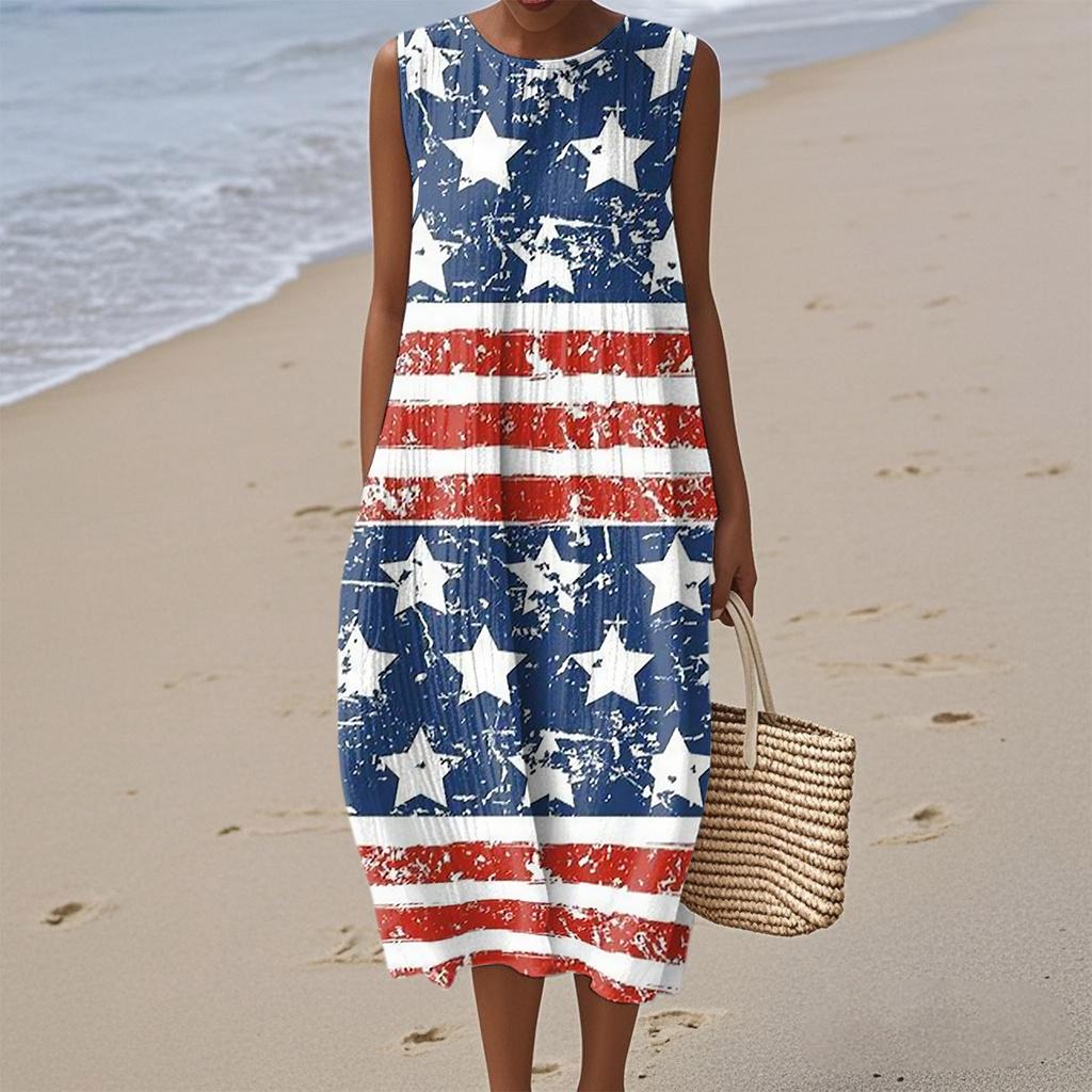 Rochie de damă la modă casual fără mâneci cu gât rotund, imprimată cu Ziua Independenței, elegantă, cu temperament