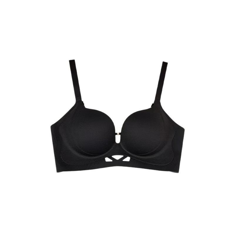 Black Seamless Wireless Push-up Bra with Cutout Design and Adjustable Straps S
