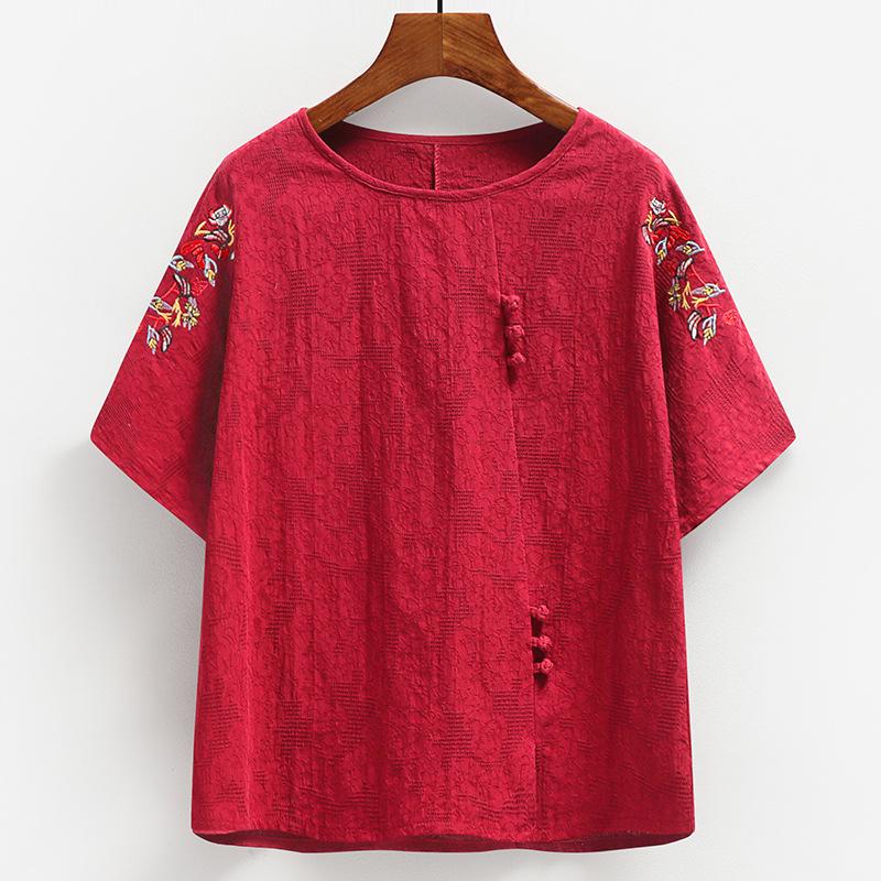 

Chinese Style Cotton Embroidery Short-Sleeve Top for Elderly Women - Summer T-Shirt Set for Moms & Grandmas 3XL (for 120-135 jin)