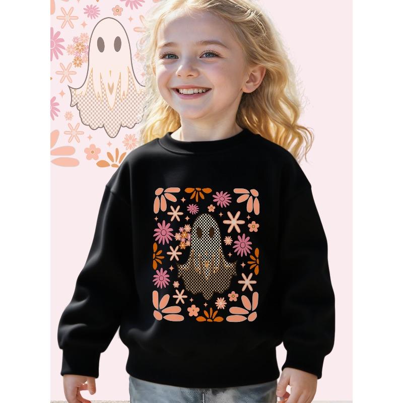 Kids Crewneck Sweatshirt, Soft Tone Floral Cute Ghost Graphic Print, Cozy Casual Long Sleeve Pullover